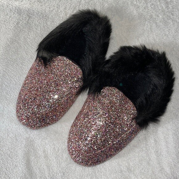 Victoria Secret VELVET SLIPPERS Pink Bling Black S furry slides NEW 5 6 women’s