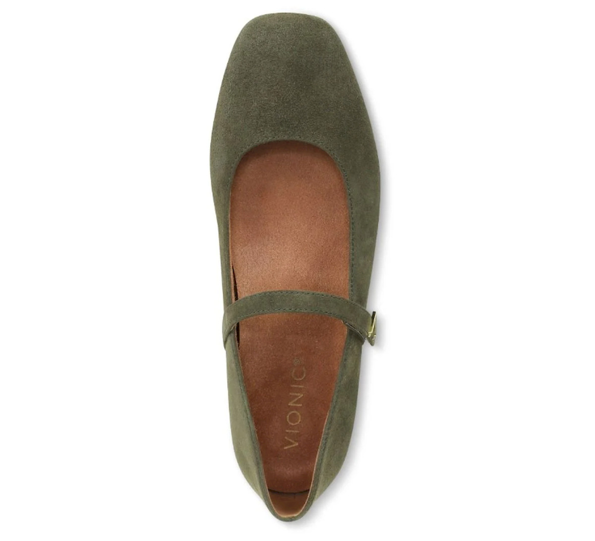 Vionic Alameda Mary Jane Flat – Dark Olive Suede, MEDIUM