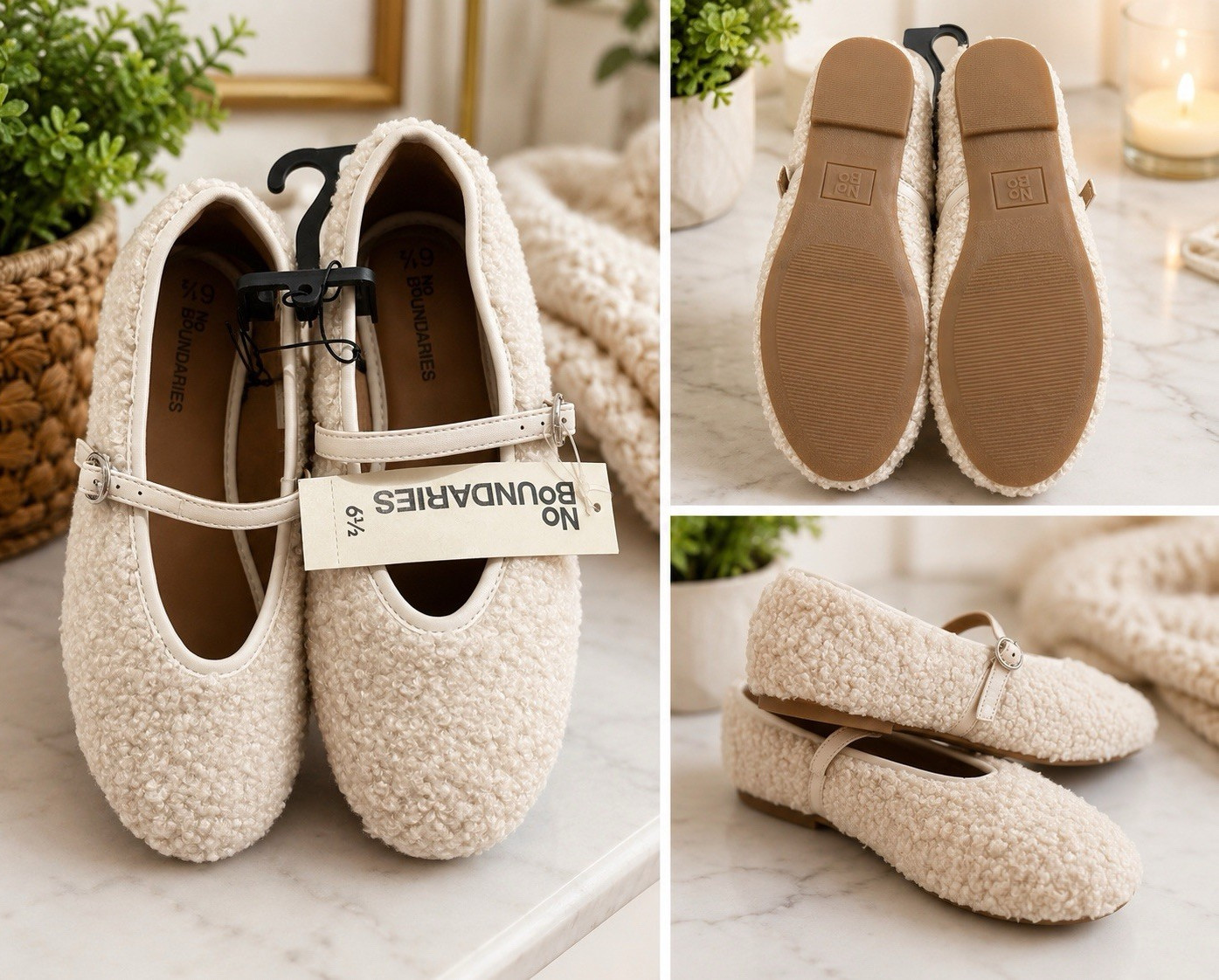 No Boundaries Mira Womens Ballet Slipper Sherpa Beige Buckle Strap US 6.5