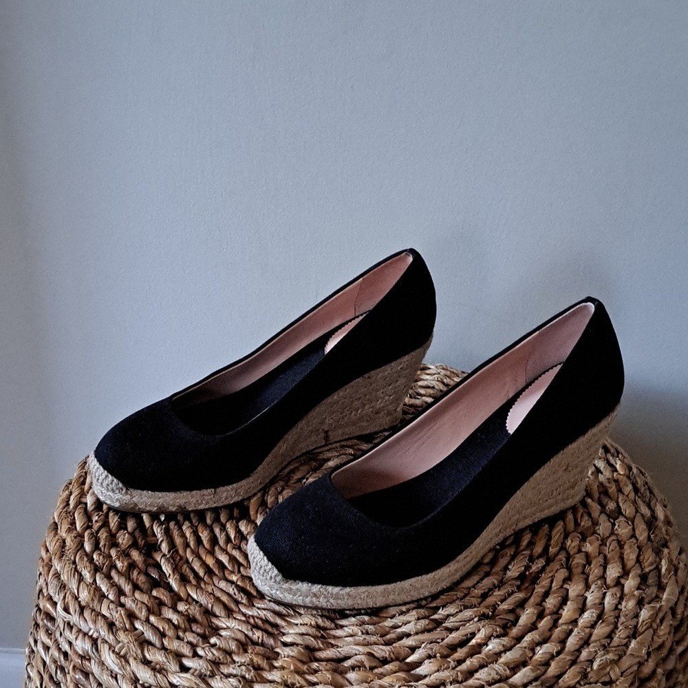 J.CREW Womens Classic Preppy Summer Black Canvas 3.25″ Wedge Espadrilles S-8