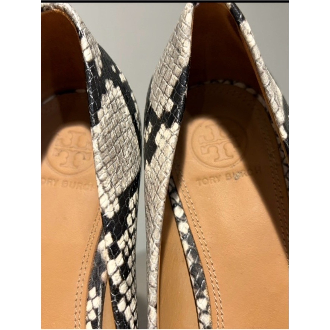 Tory Burch Chelsea Round-Toe Snakeskin-Embossed Leather Pumps.