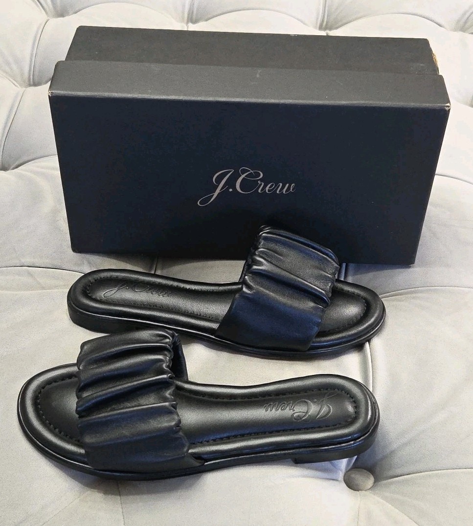 J Crew Single Scrunch Strap Delta Sandal Black Leather Womens Shoes 5 New In Box