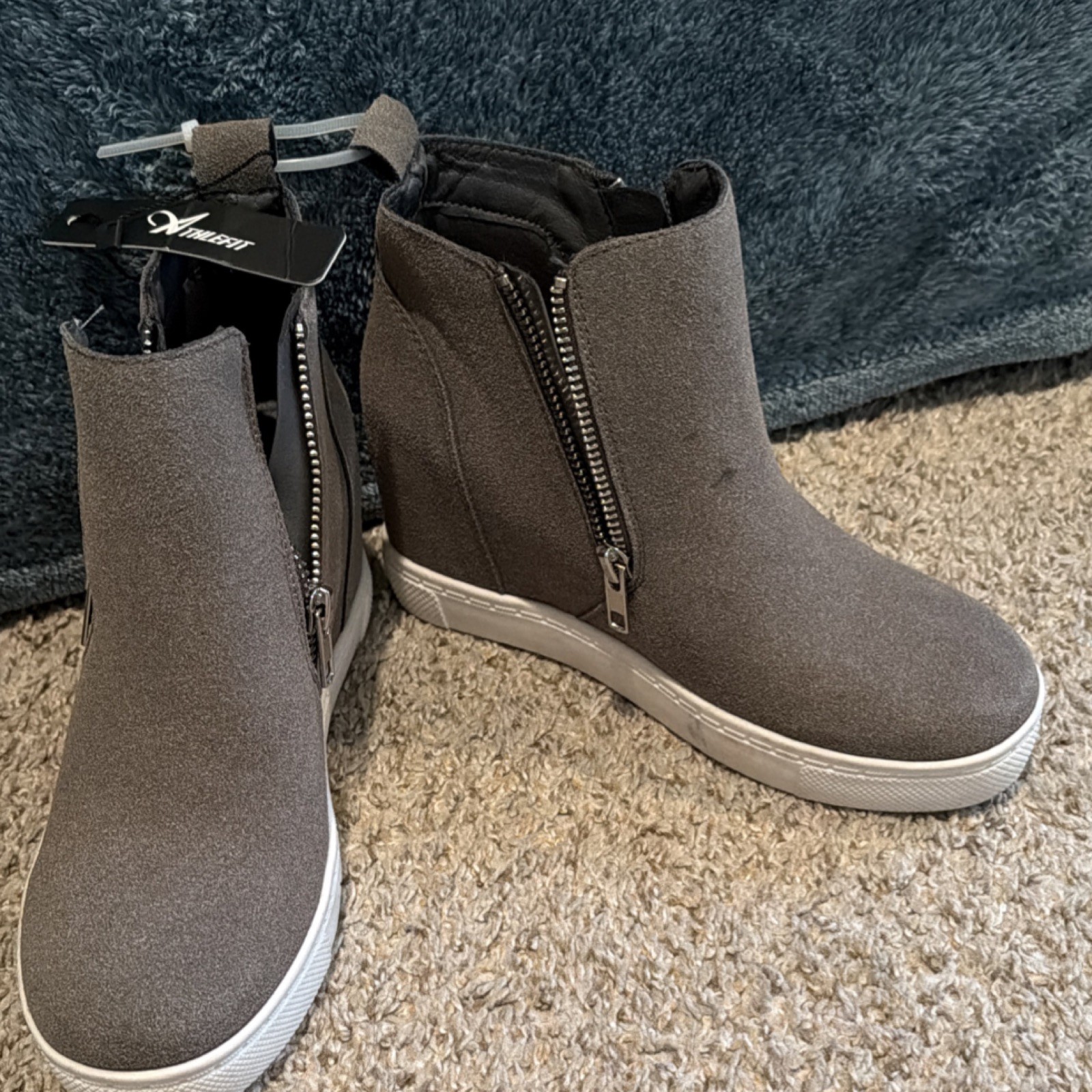 Athlefit Gray Wedge Bootie Sneakers Hidden Heel Platform Zip-Up Ankle Boots