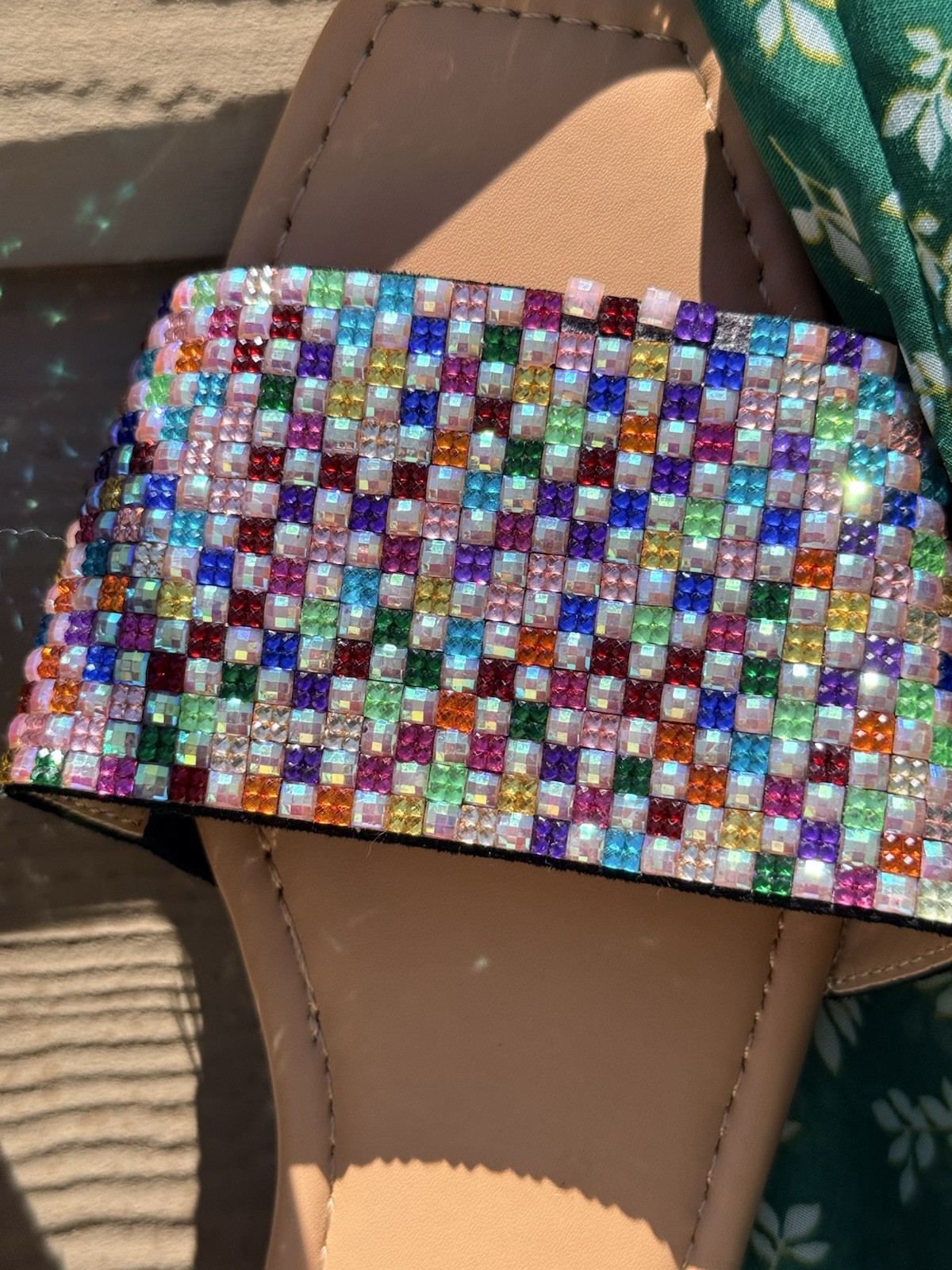 NYC New Multicolor Colorblock Beaded square Strap Slide Sandals Women’s US 9