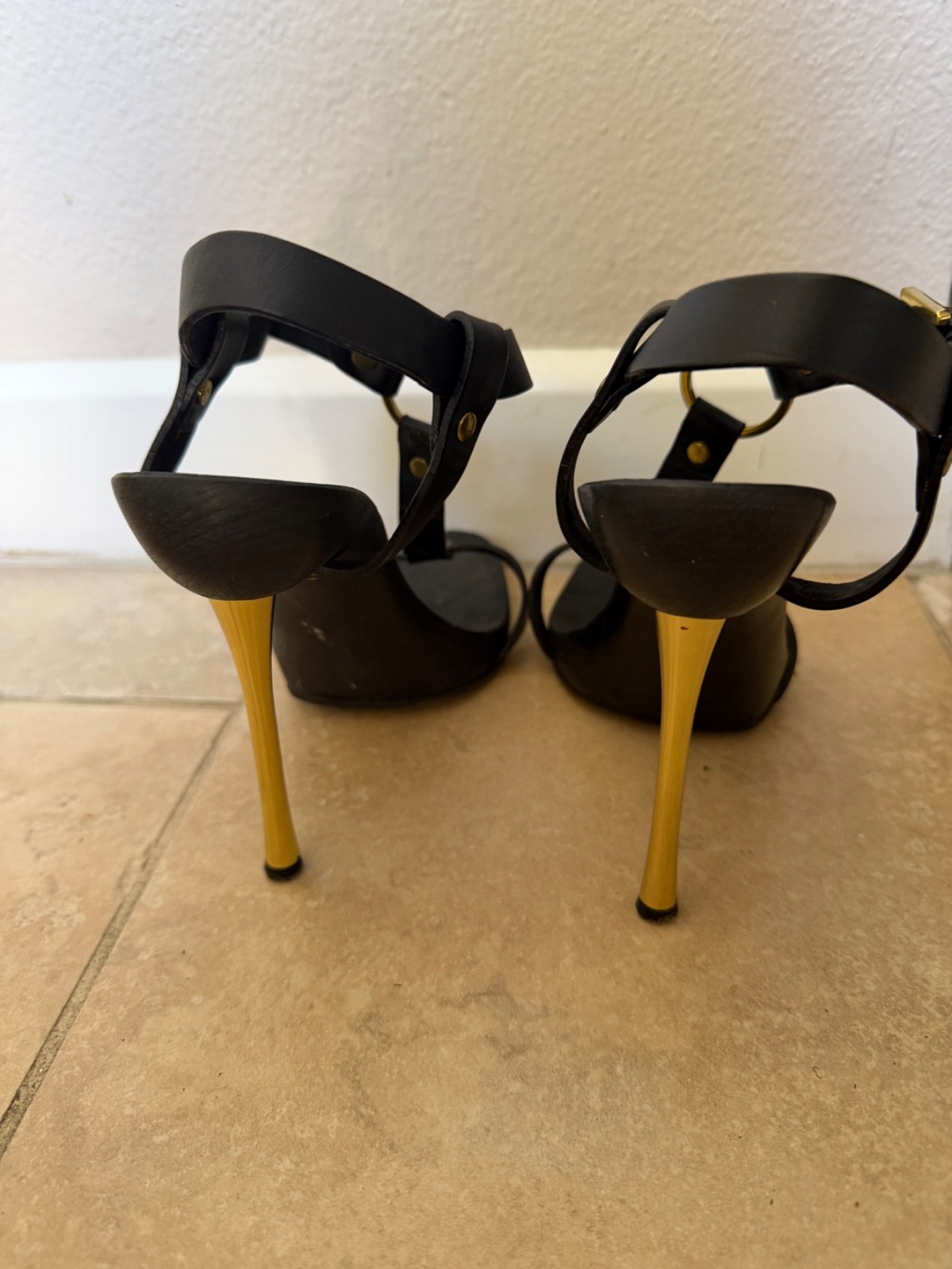 Gucci Black Leather Gold O-Ring Stiletto Sandals Size 37