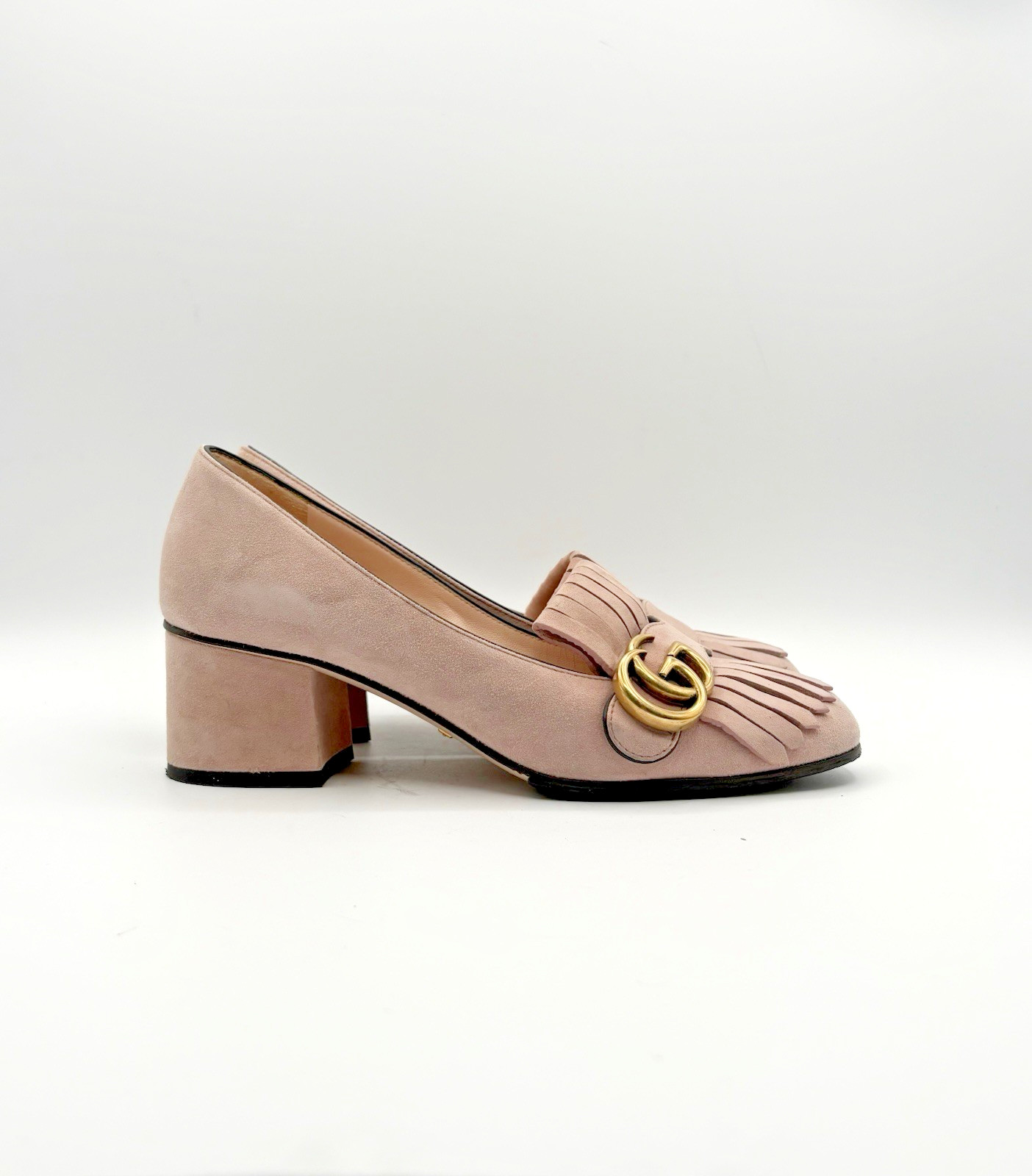 Gucci Pink Suede Fringe Marmont GG Logo Block Heel Low Heel Pumps Size EU 37