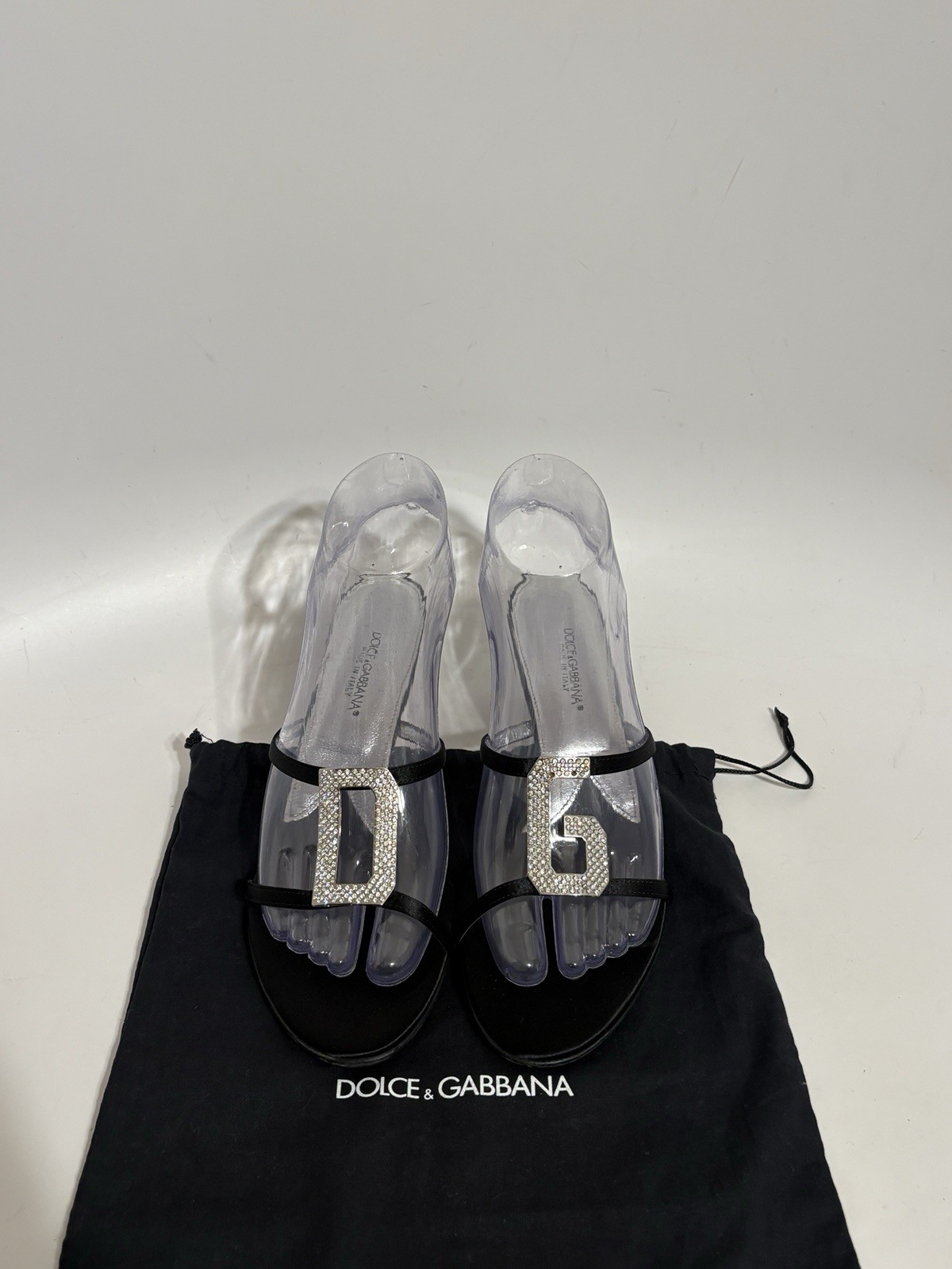 Vtg Dolce & Gabbana Black Satin Crystal Logo Sandal Heels 36