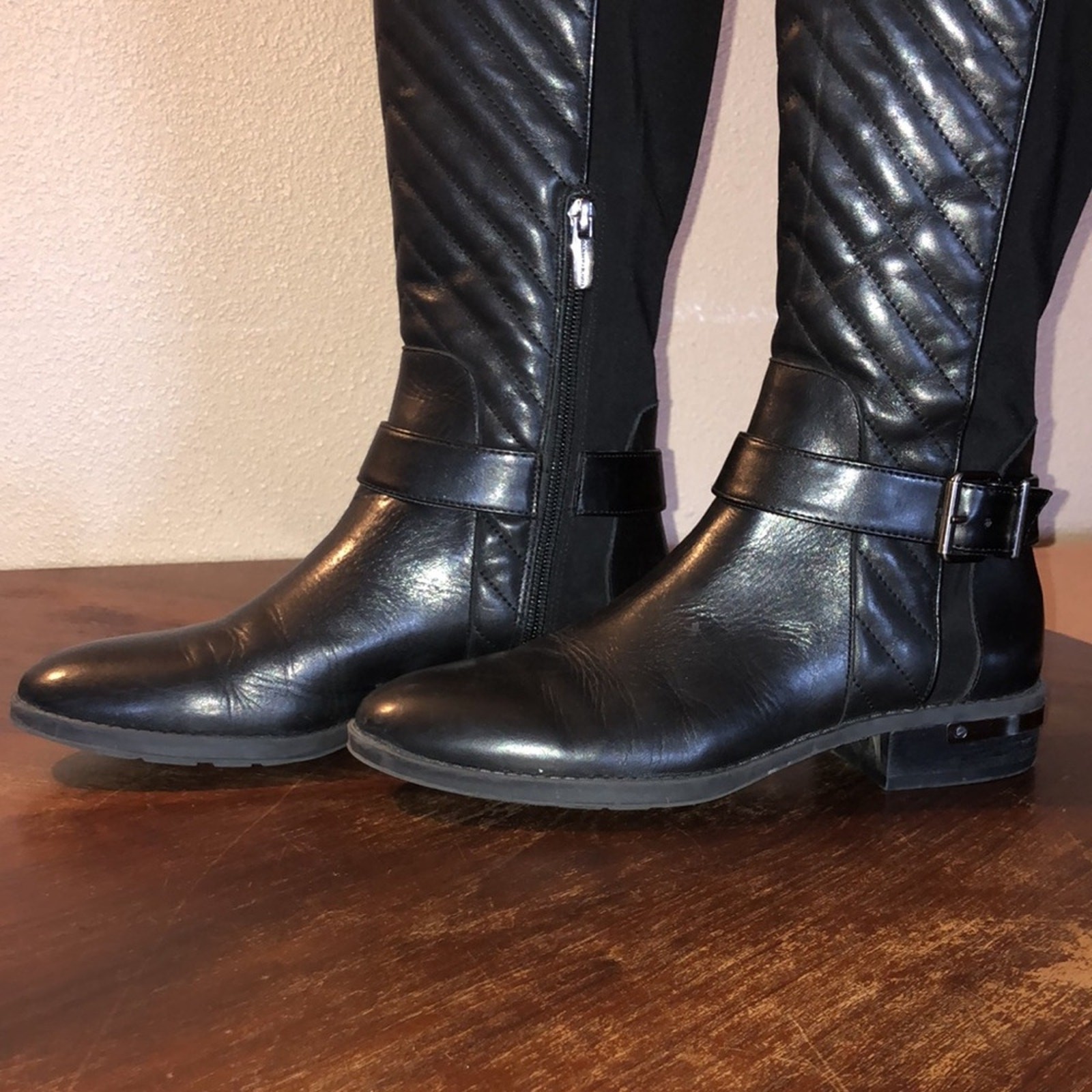 Vince Camuto Panyma Black Quilted Leather & Textile Riding Boots 6.5