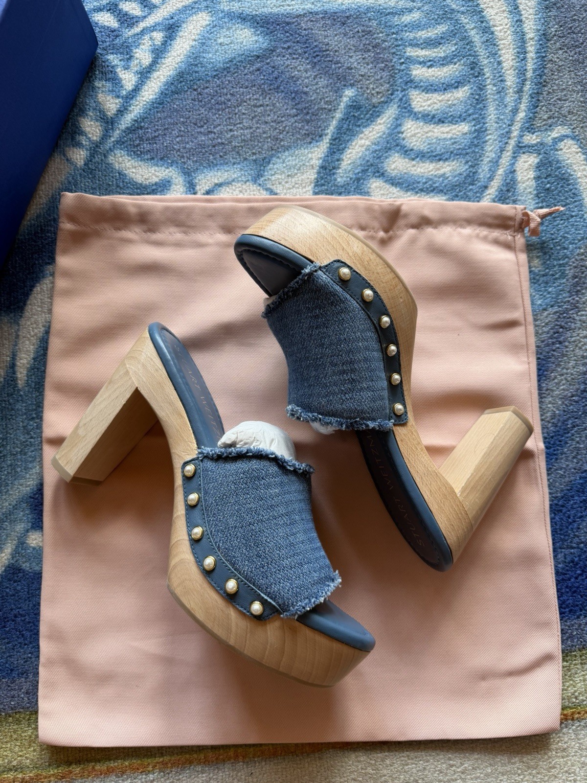 NIB $450 Stuart Weitzman Pearl Clog 85 Sandal Denim Blue Spain BOHO Size 9 AA