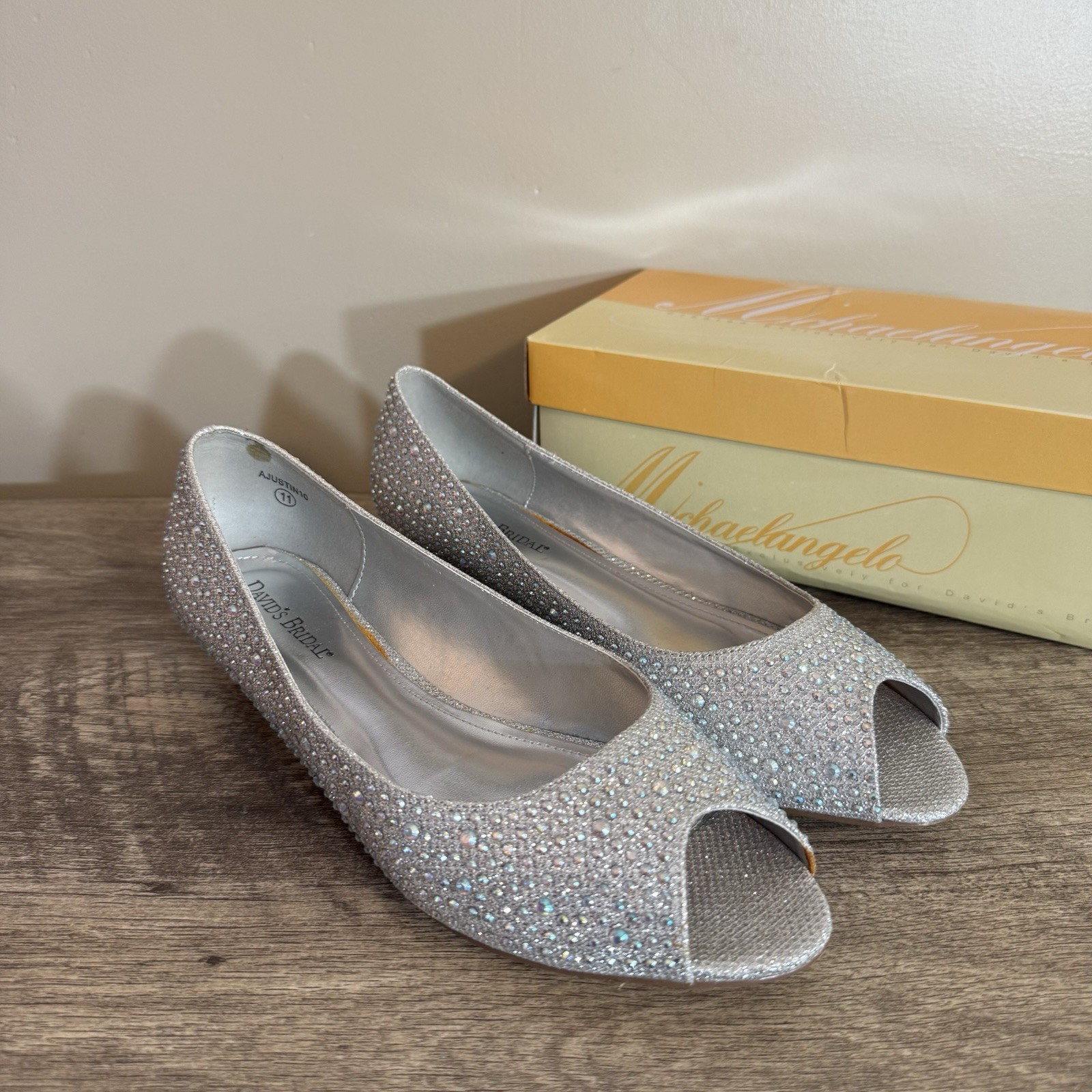 Michaelangelo David’s Bridal Silver Rhinestone Wedge Peep Toe Dress Shoes Sz 11
