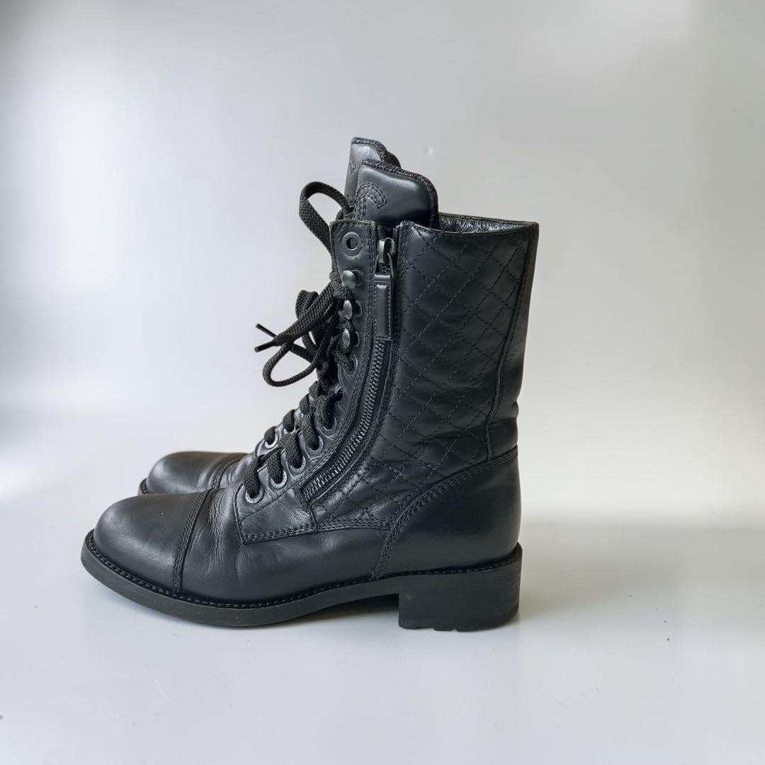 CHANEL Lace Up Boots Womens Black Leather Quilted CC Logo CombatZip US 6.5