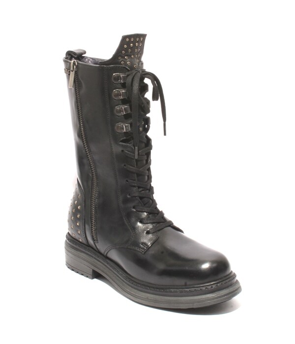 WOz 2226 Black Leather Lace-Up Zip-Up Studded Platform High Boots 40 / US 10