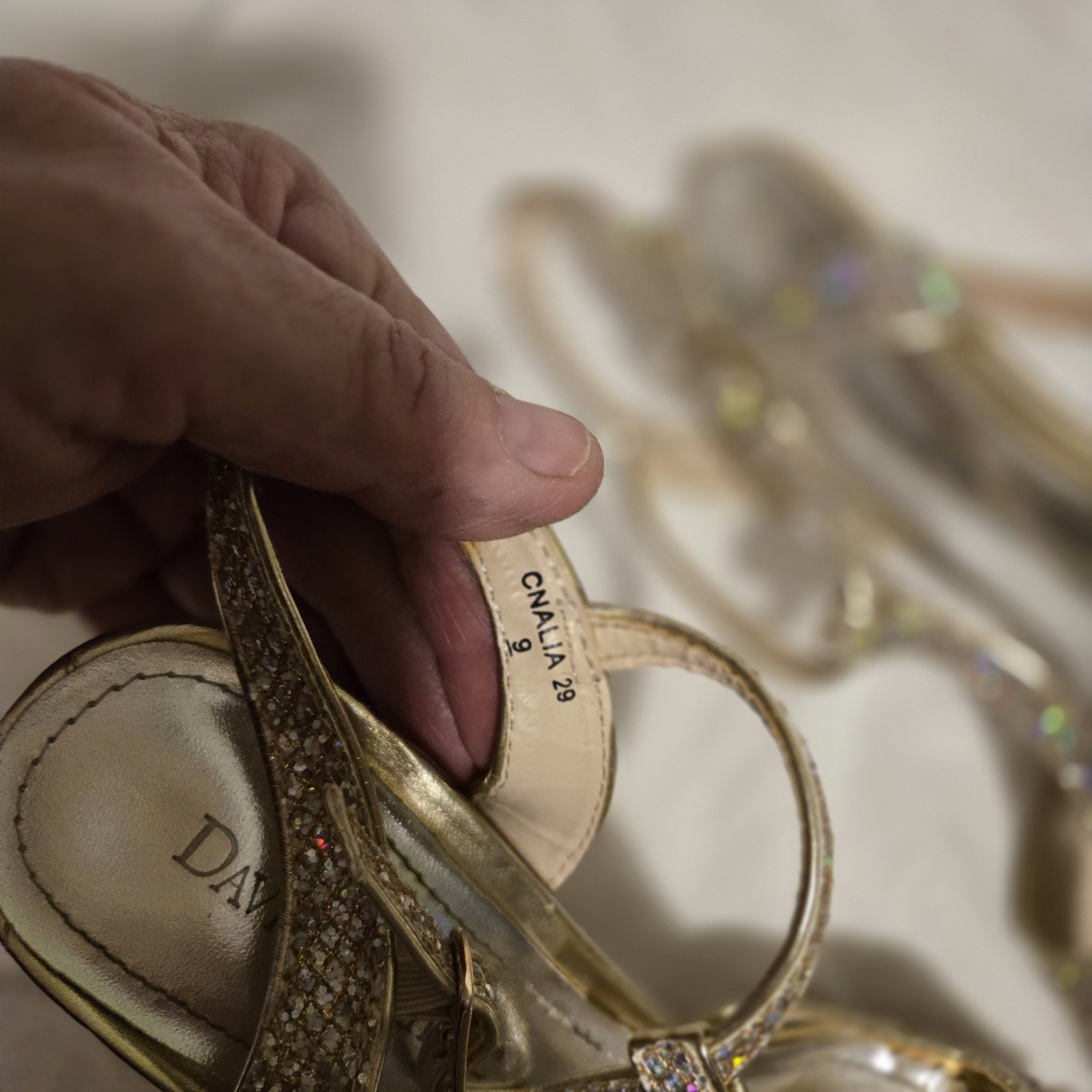 Women size 9 Gold Glitter Strappy Heels David’s Bridal Shoes Wedding Holidays