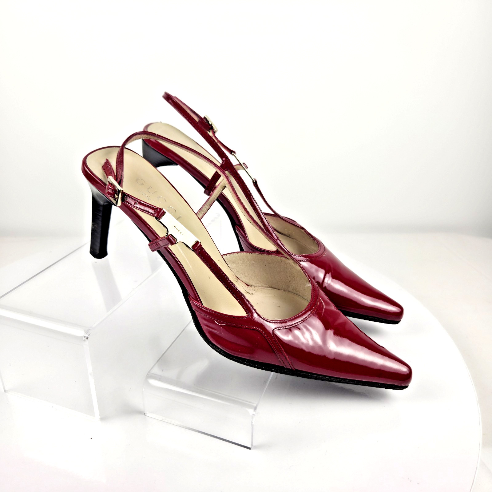 Gucci Red Patent Leather Slingback Pointed Toe Heels Womens 7B Vintage