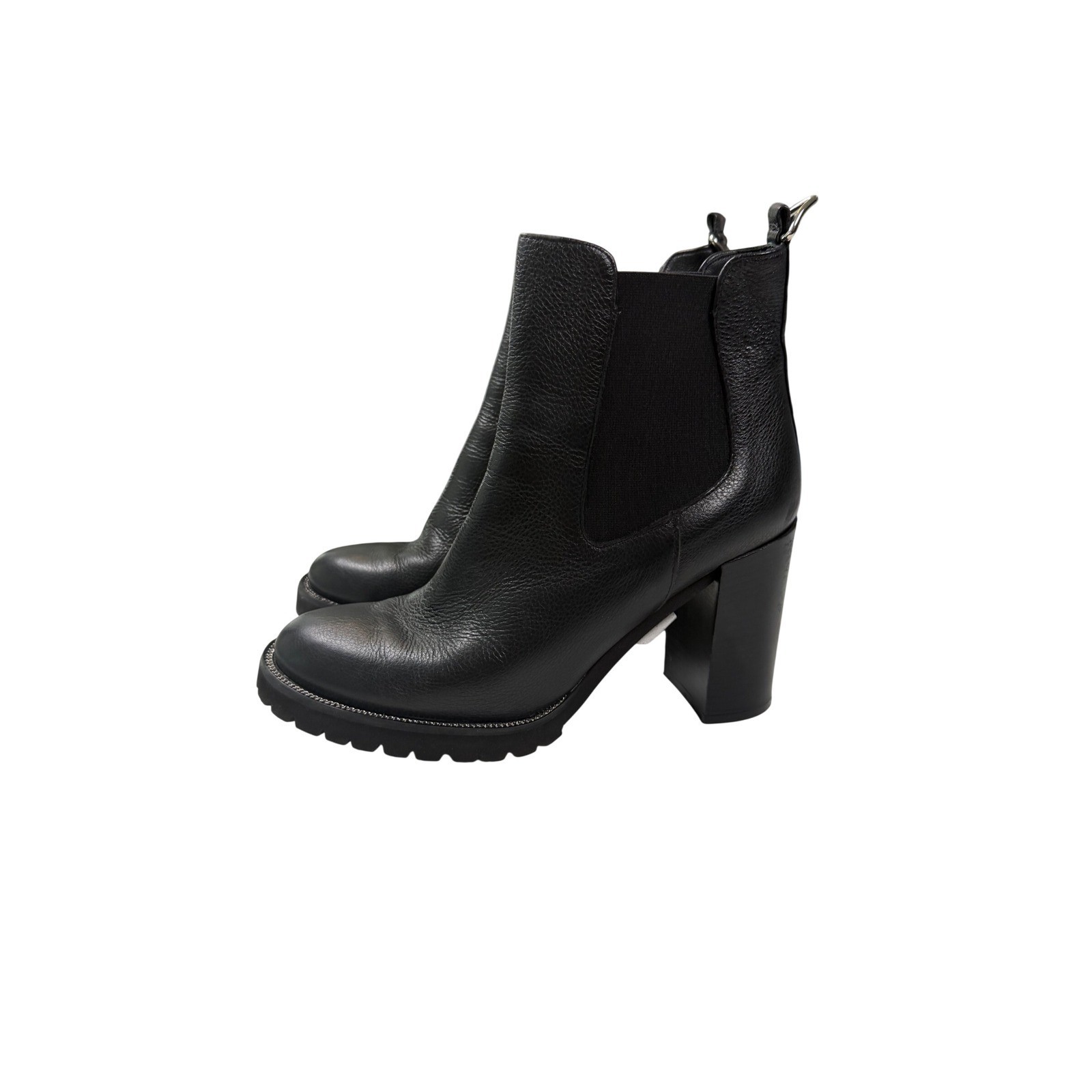 Evaluna Black Leather Lug Sole Block Heel Chelsea Boots Made in Italy Size 39