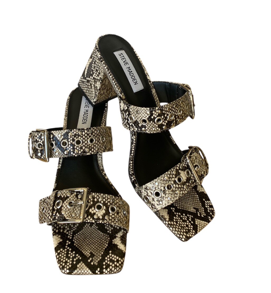 Steve Madden Menna Snake Print Buckle Strap 3.25″ In High Heel Sandals Sz 8 M