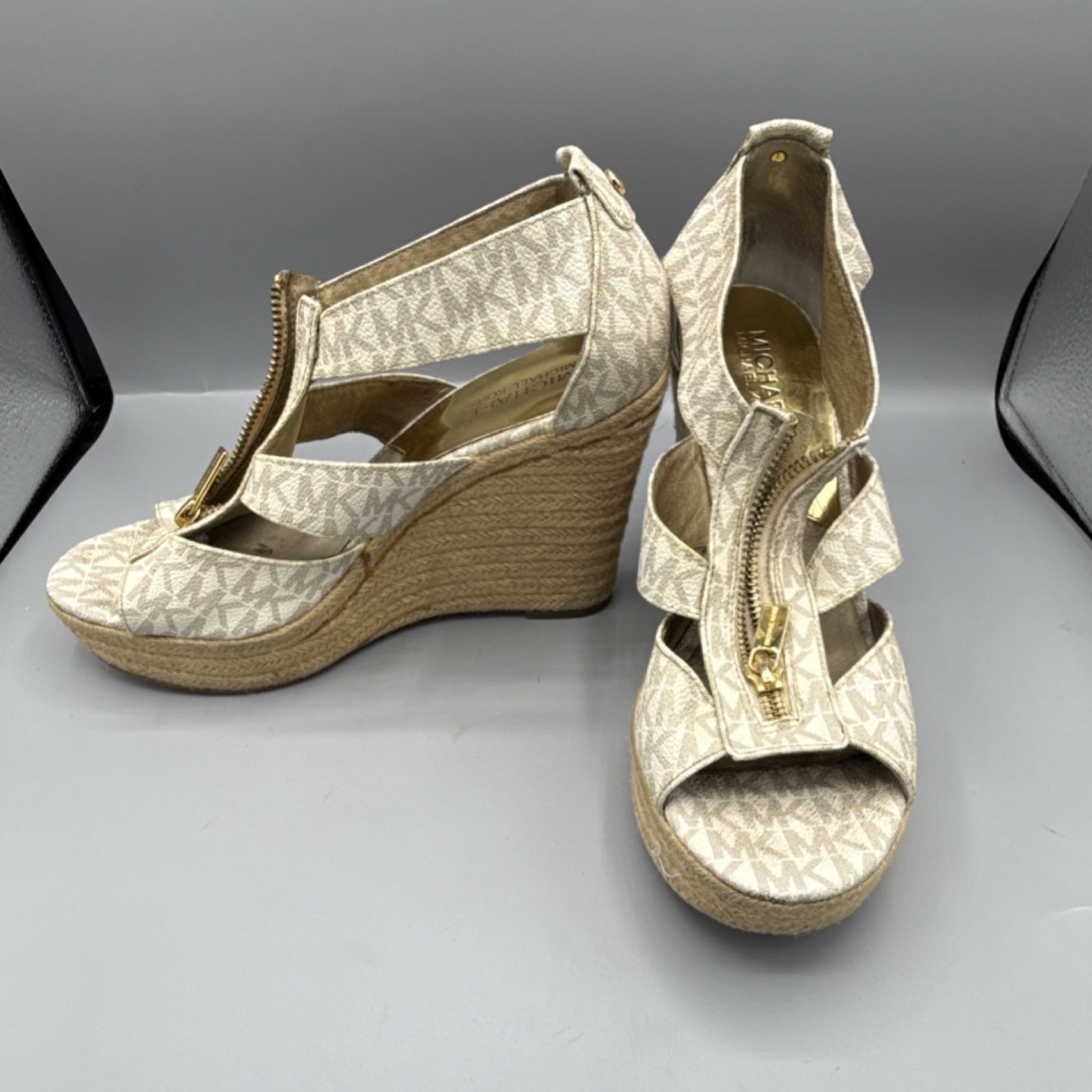 Michael Kors Beige Logo Zipper Adjustable Strap Espadrille Wedge Sandals Women