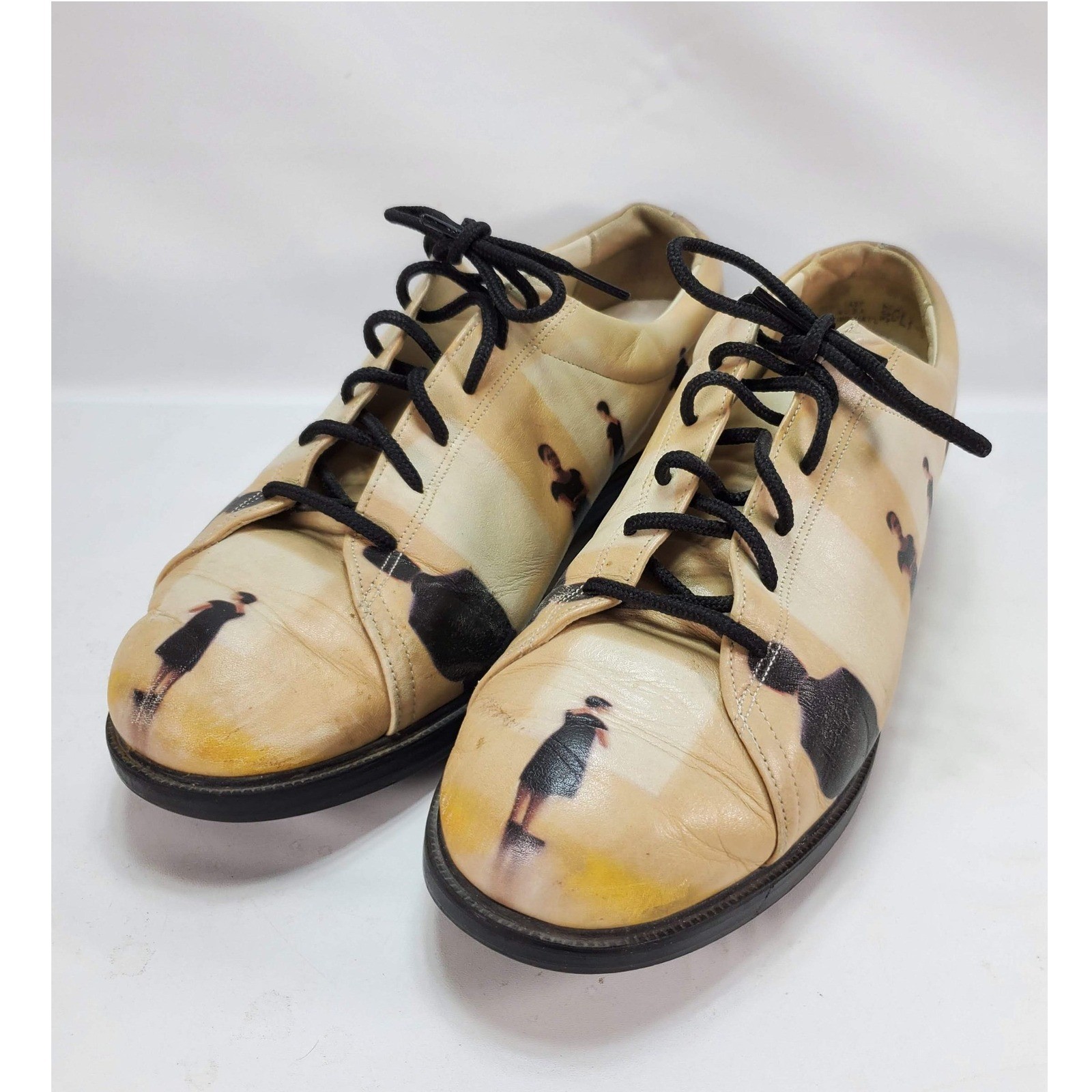 Icon Art Print Leather Oxford Shoes Womens 7.5 Beige Gallery Lace Up USA Made