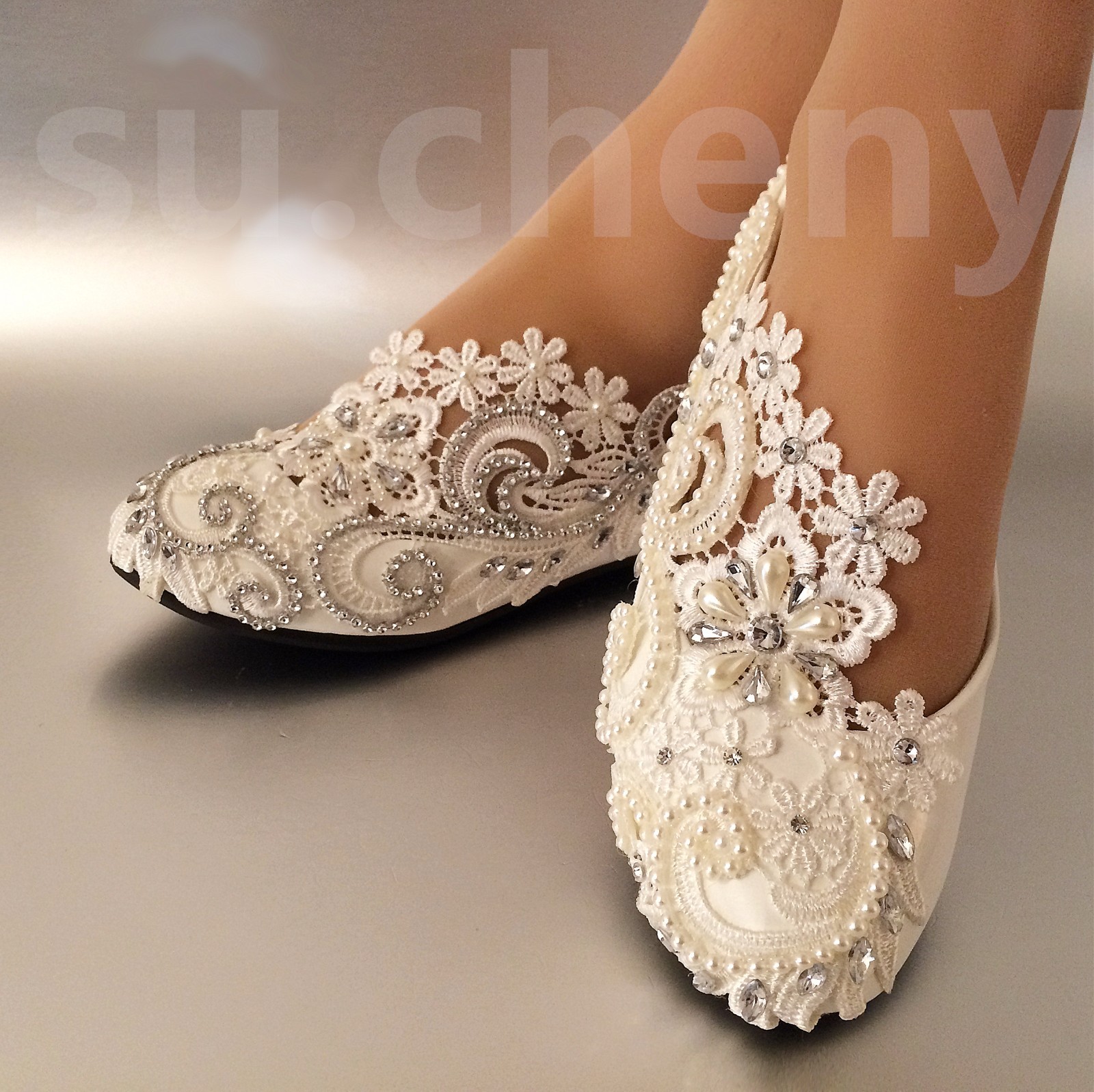 su.cheny White ivory pearls rhinestones lace flat Wedding shoes Bridal size 5-13