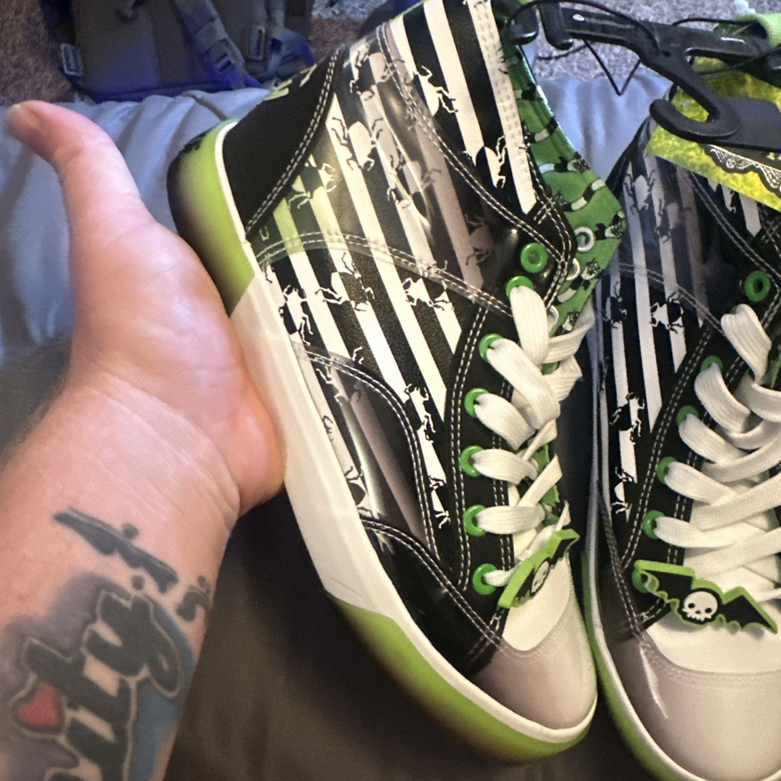 BEETLEJUICE Green Black White Striped High Top Sneaker Shoe Women’s 7.5 NWT