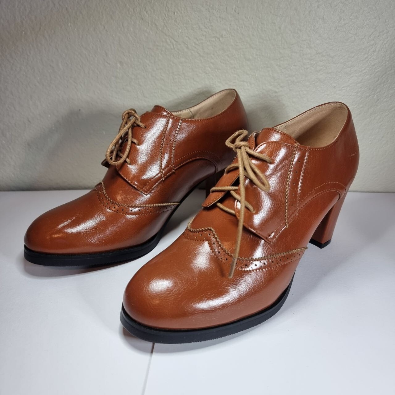 Odema Brown Womens PU Leather Oxfords Brogue Wingtip Lace Up Dress Shoes