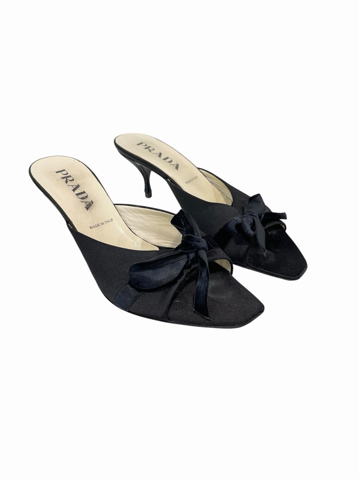Prada Vintage Satin Bow Mule Heels Black Kitten Heel Slides Size 39