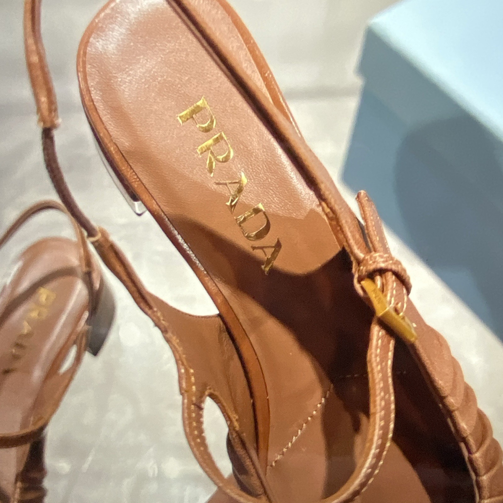 PRADA Women’s Brown Leather Slingback Heels Round Toe Buckle Logo 8 Std EUR 39