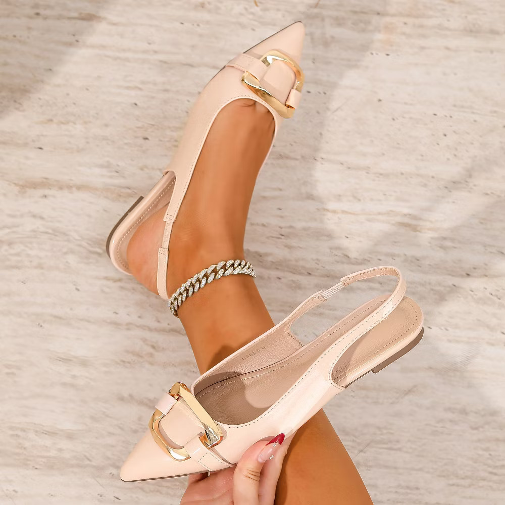 Berness Women Caeli Patent Slingback Flats with Gold Oversized Buckle Mocha 10