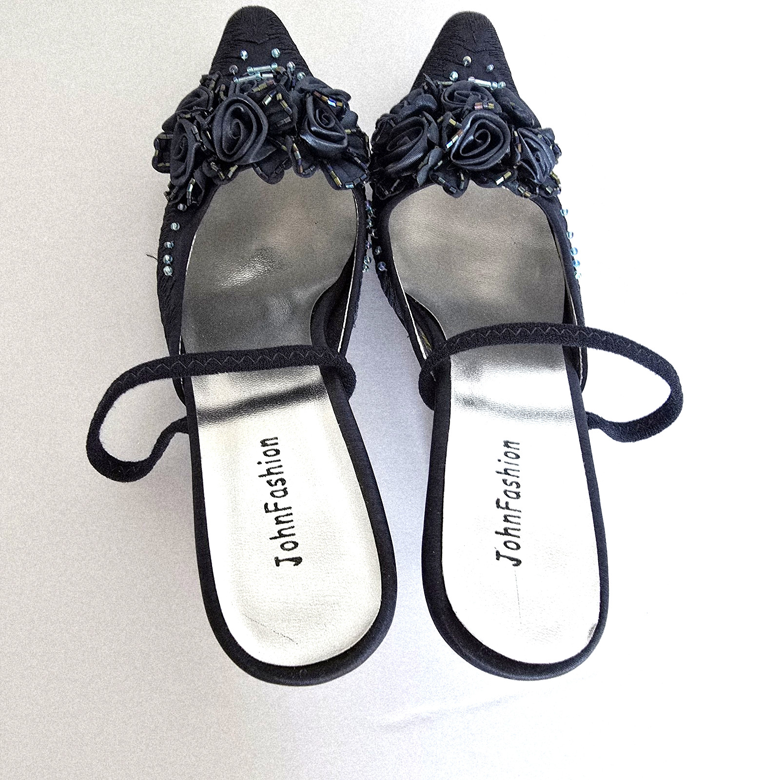 John Fashion A2009-C Teal Satin Slingback Stiletto Heels Size 8 Beaded Roses