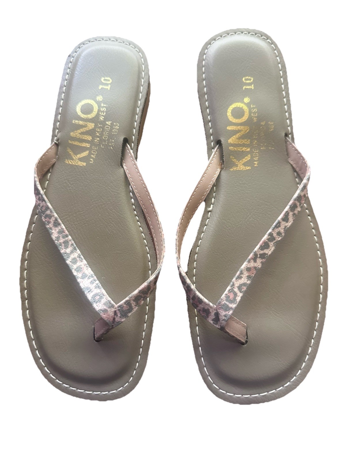 KINO Key West FL USA Women’s Sz 10 Taupe Animal Print Leather Flip Flops Sandals