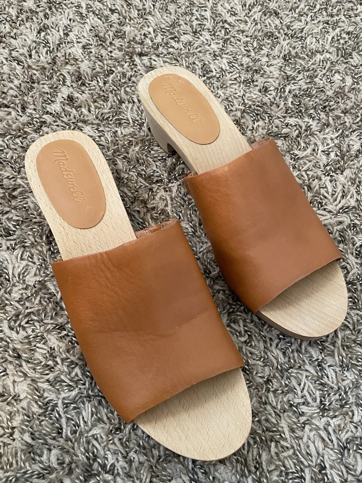 Madewell Leather Clog Slide Sandals Tan Block Heel Wooden Platform Sz 10