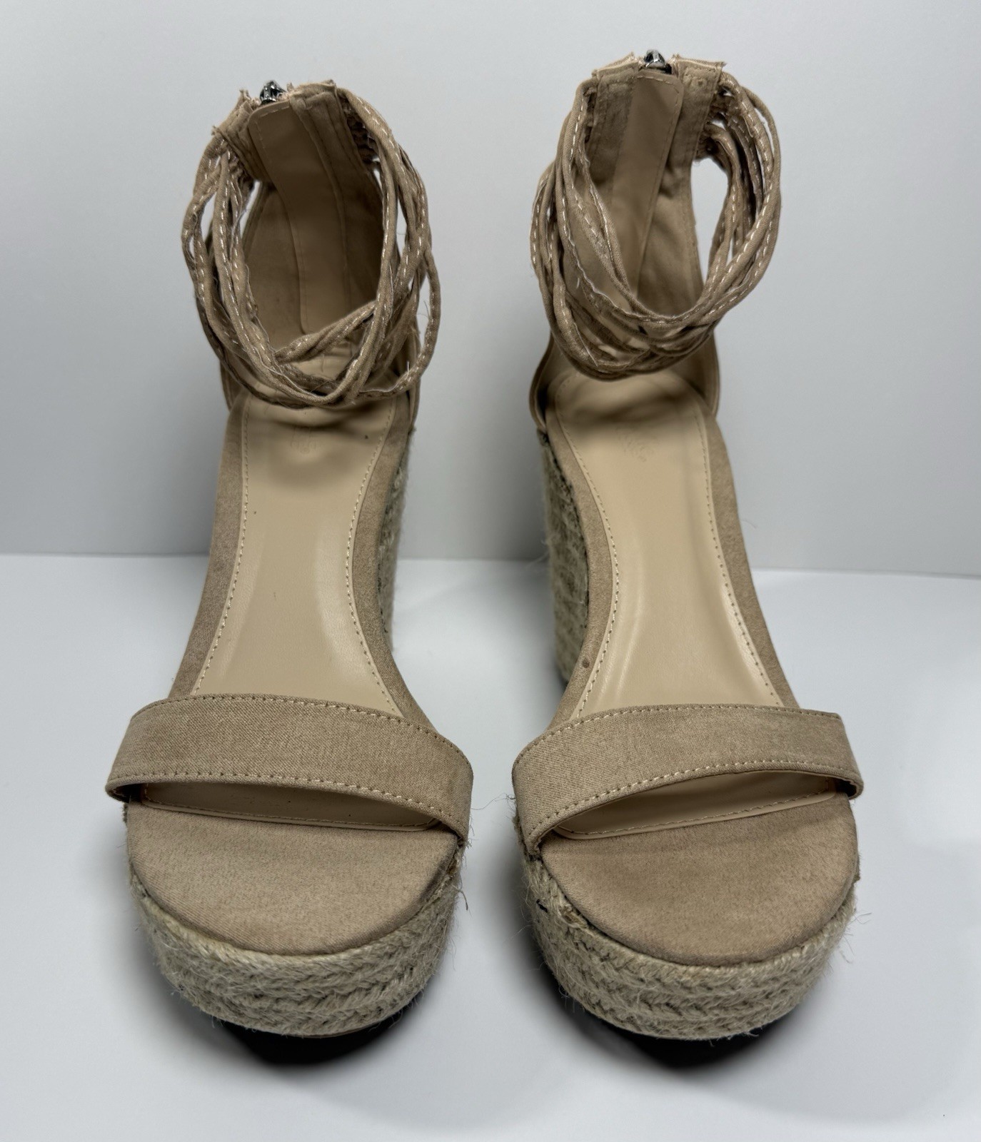 Beige Fringe Espadrille Wedge Sandals Zipper Ankle Strap Fabric Women Size 8