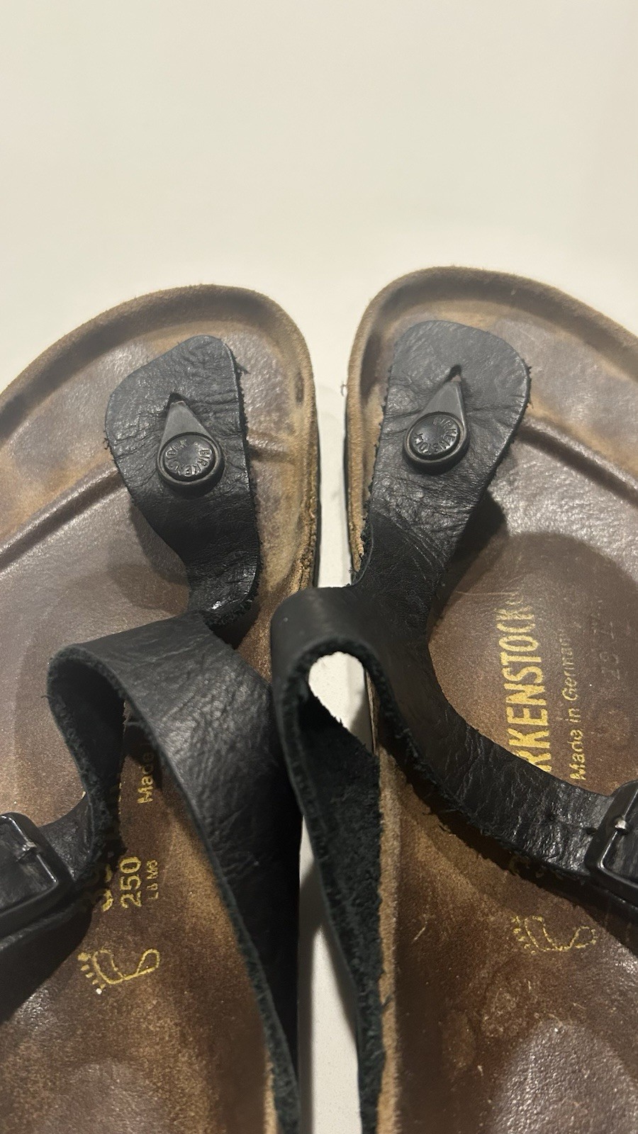 Birkenstock Women’s Black Leather Thong Sandals Narrow Buckle Cork Footbed