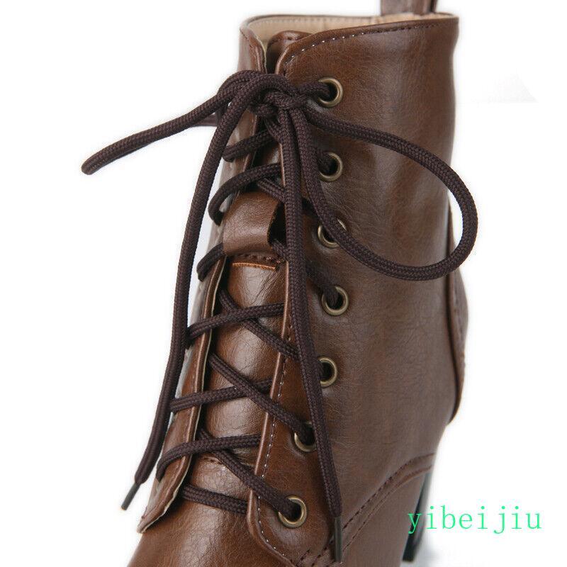 Spring Womens Round Toe Leather Lace Up Ankle Boots Mid Heel Shoes Plus Size NEW