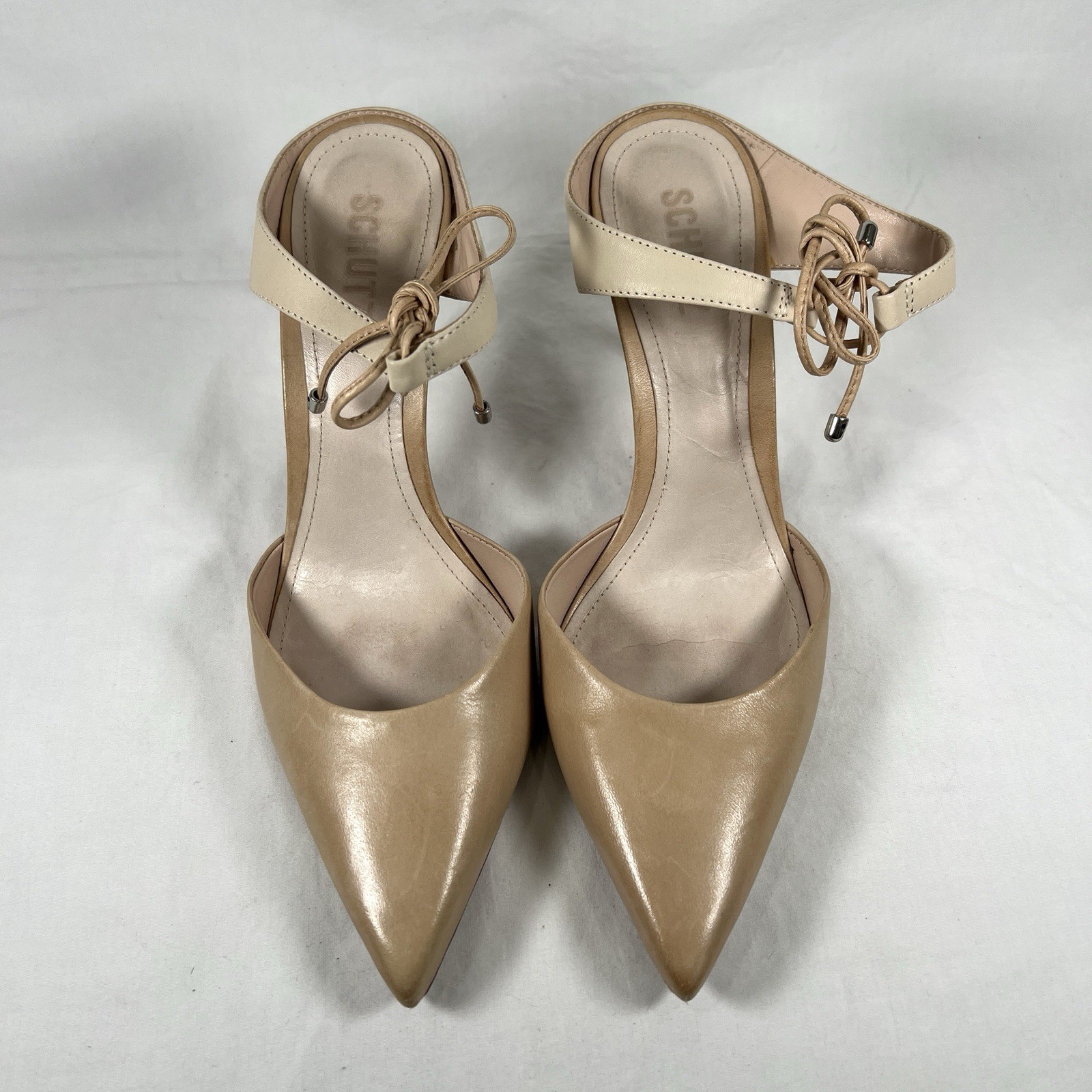 Schutz Nude Leather Pointed Toe Heels Ankle Tie Minimalist Quiet Luxury Sz 9.5B