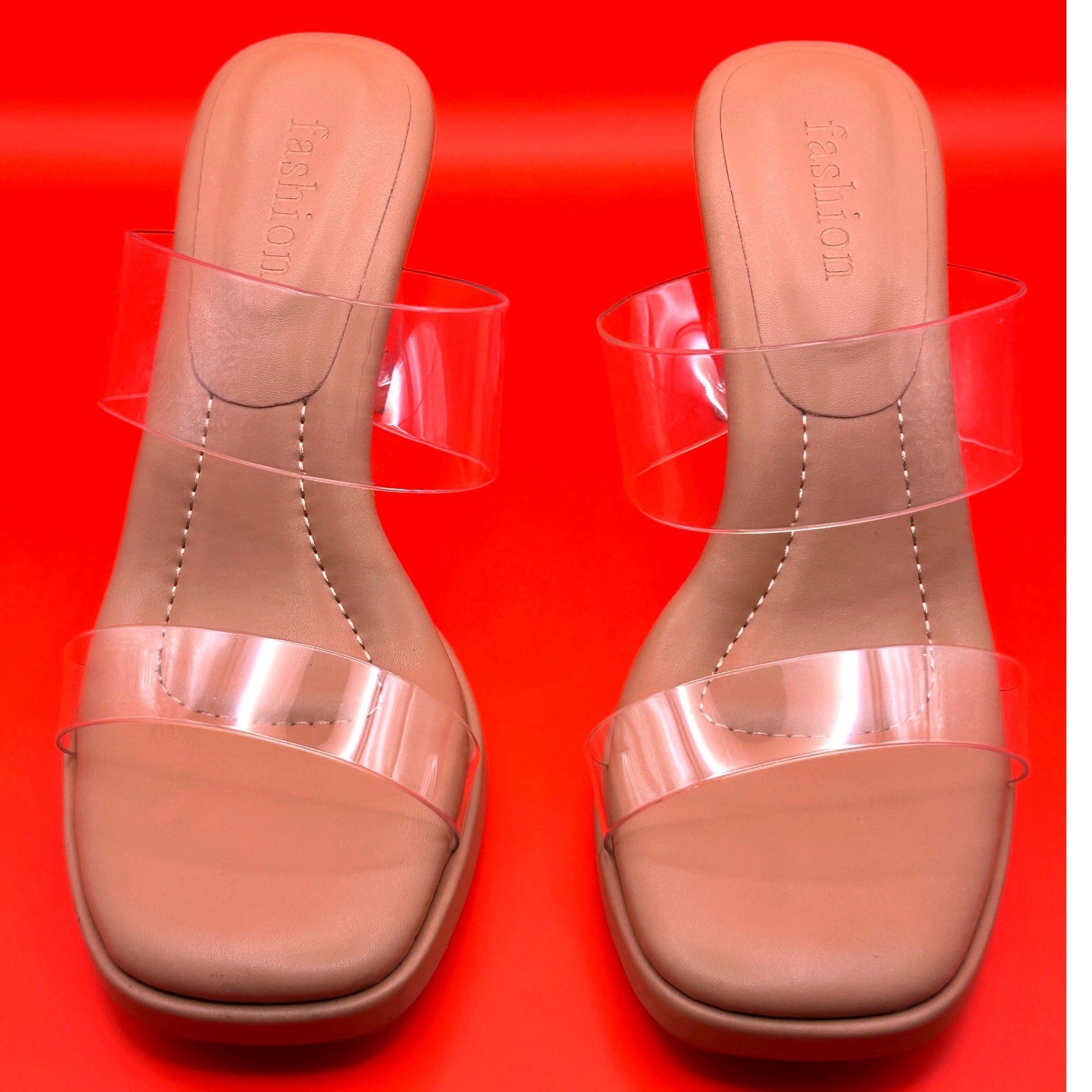 Fashion Women Clear Strap Slide Sandals Lucite Transparent Block Heel Tan 36