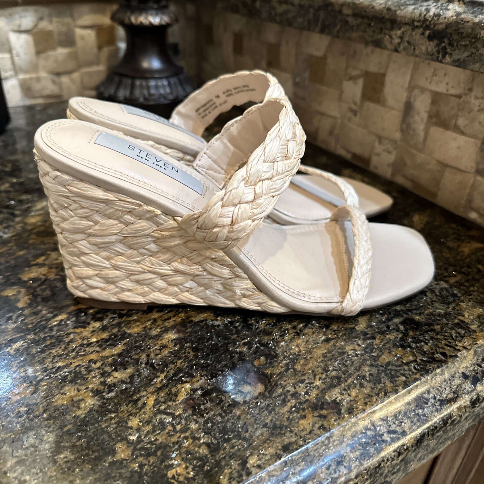 Steven New York Raffia Wedge Sandals Slide Cream Vacation Heels Women’s Size 7