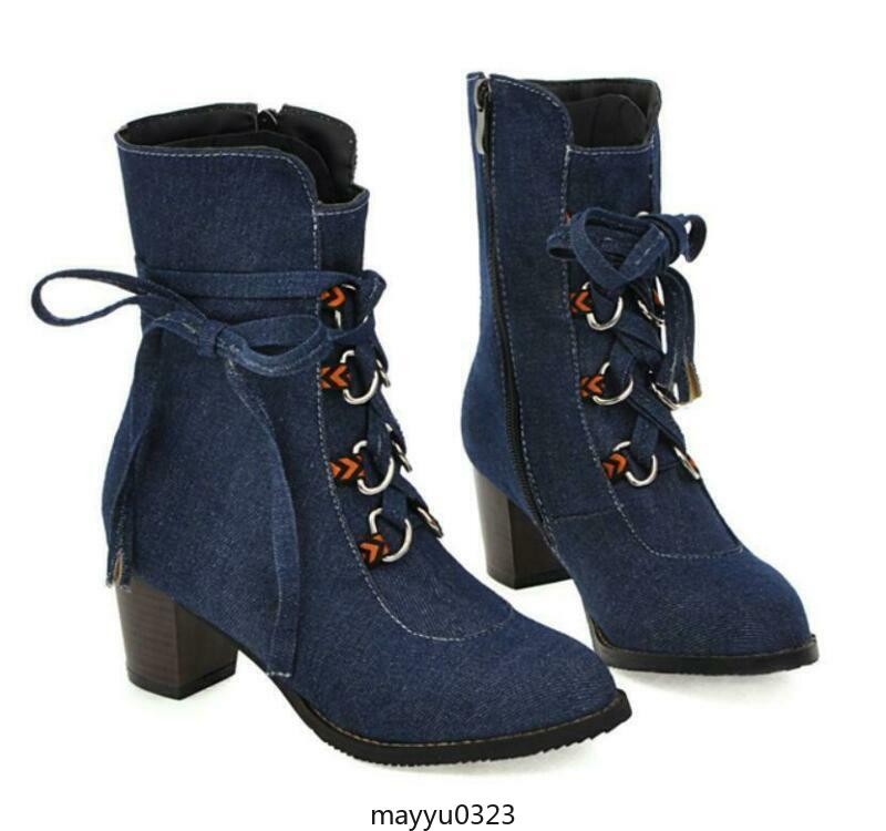 Womens Round Toe Lace Up Denim Ankle Boots Zip Block Mid Heels Oversize Vintage