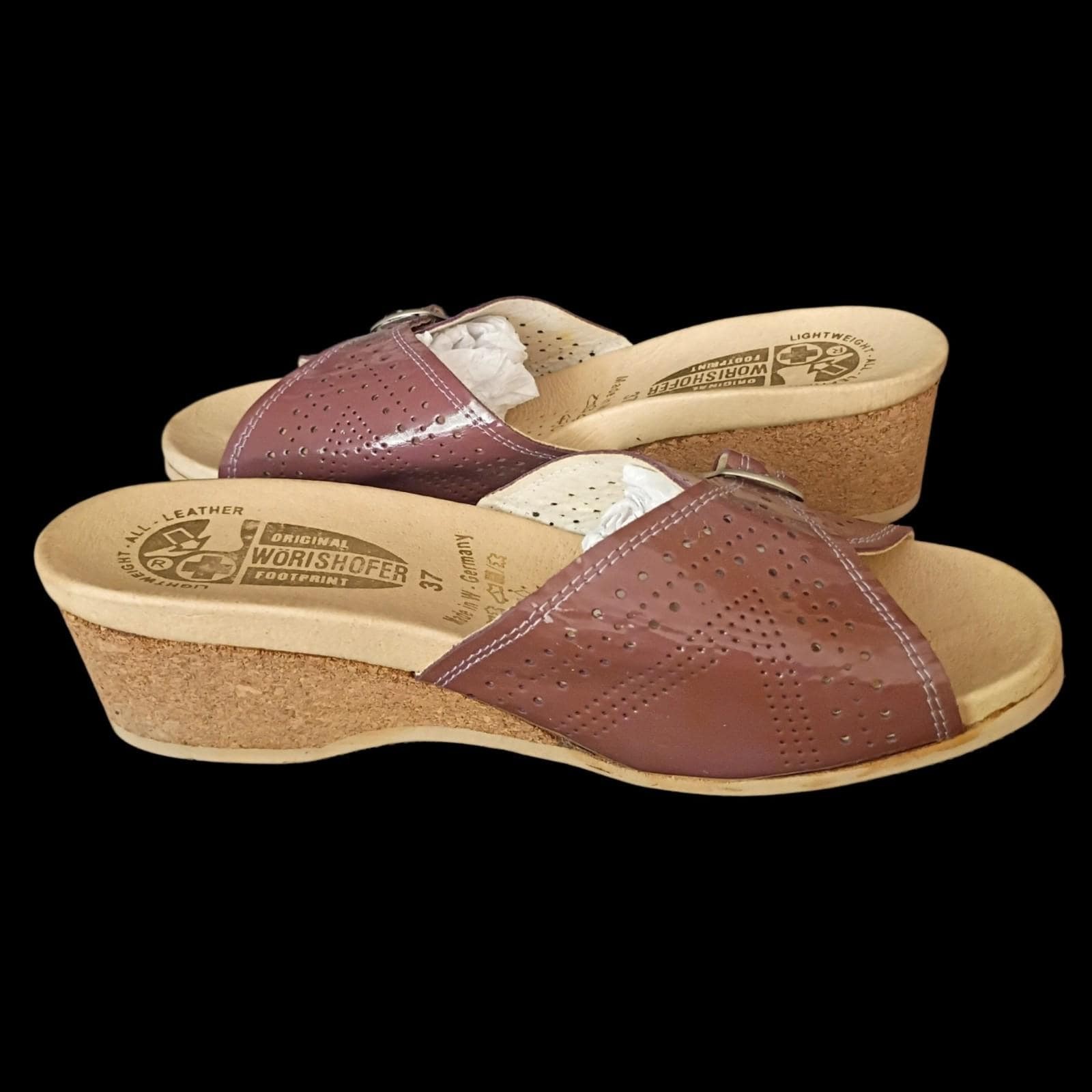 Worishofer Germany Patent Leather Cork Wedge Slides Womens US 6.5 Mauve