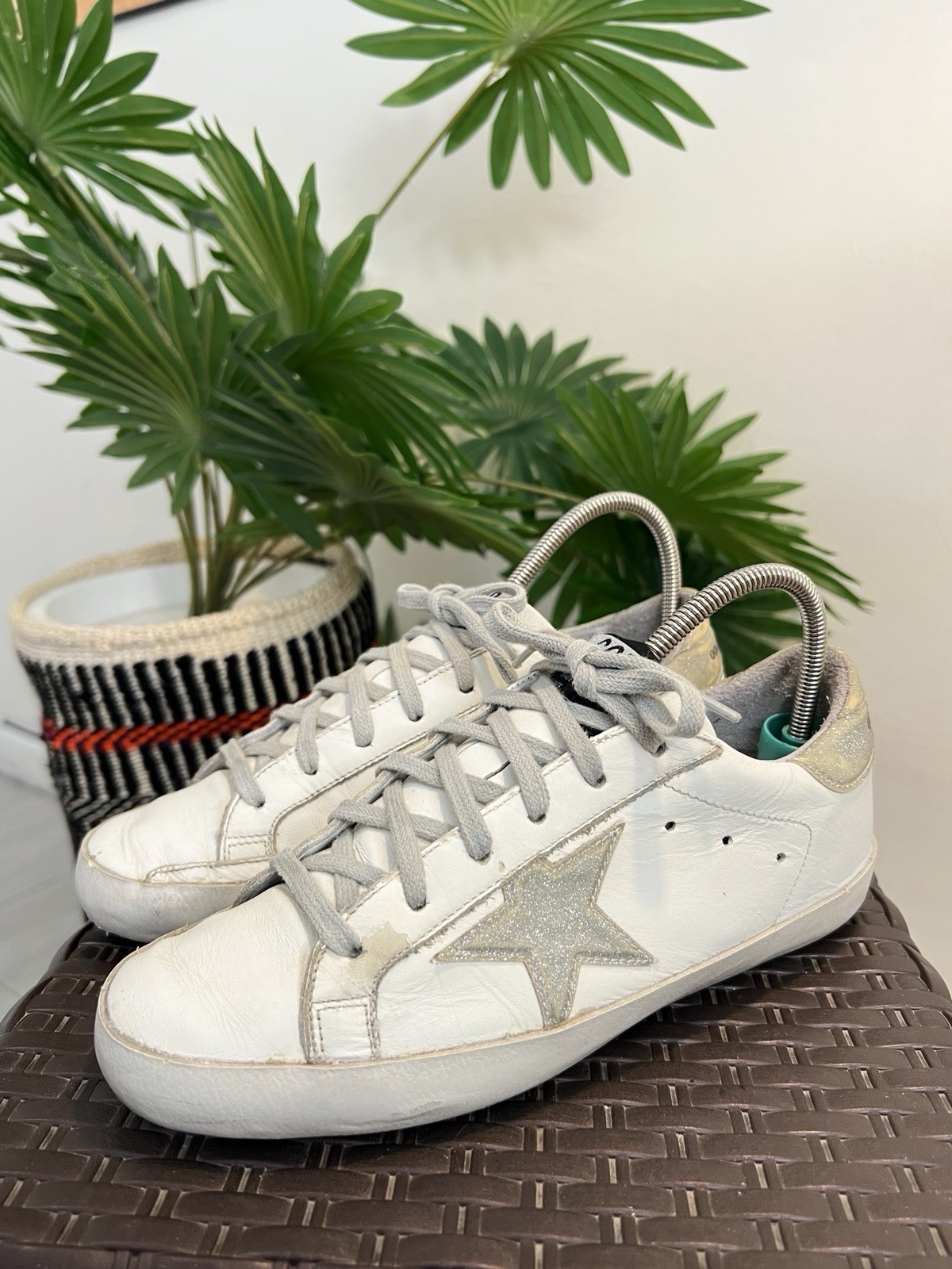 Golden Goose White/Green Leather And Suede Superstar Sneakers US 6.5