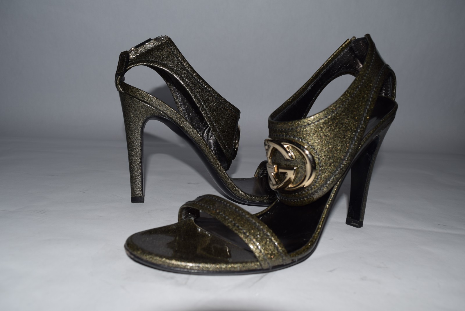 Vintage Gucci Glitter Logo Double G’s Leather Heels sz 38.5/8.5 Anthracite Black