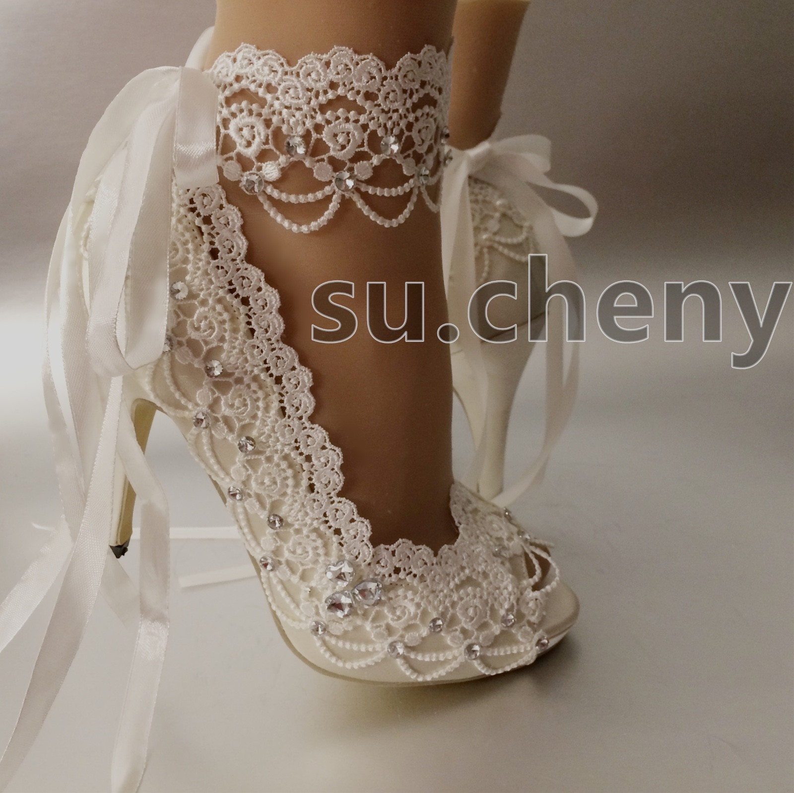 su.cheny 3″ 4” heel white ivory satin lace ribbon peep toe Wedding Bridal shoes