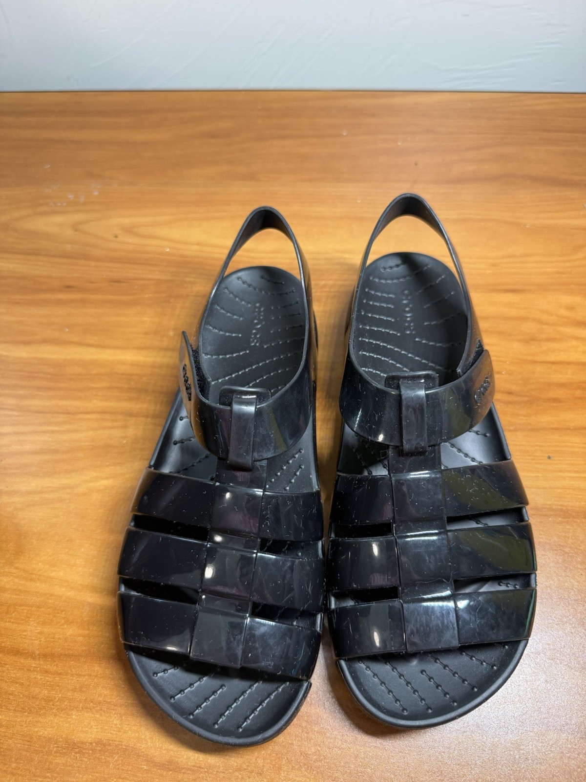 CROCS Splash Glossy Fisherman Womens J5/W7 Black Slingback Open Toe Sandals