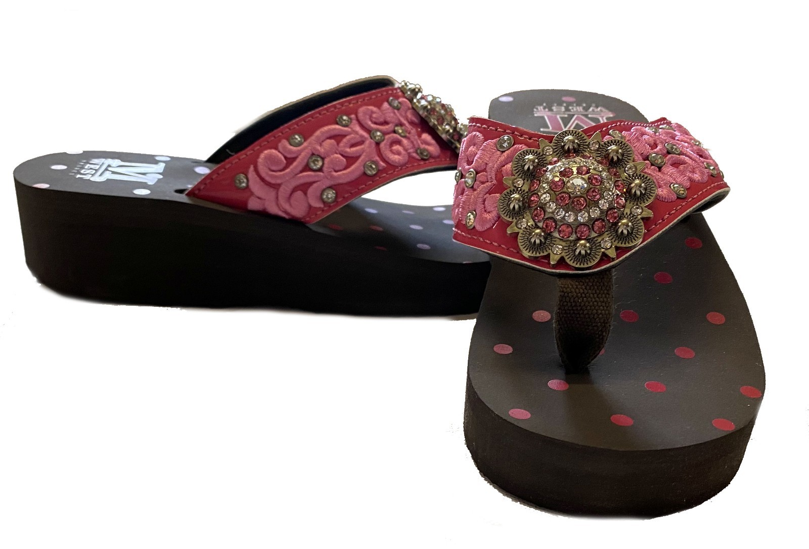 Montana West Women’s Brown Platform Pink Embroidered with Rhinestone Concho NIB
