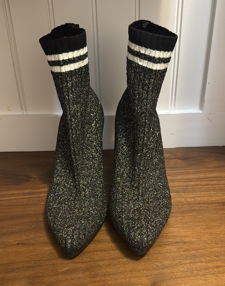 New Stuart Weitzman Sock Boots Waverly Ankle Black Gold Stretch Sz 8