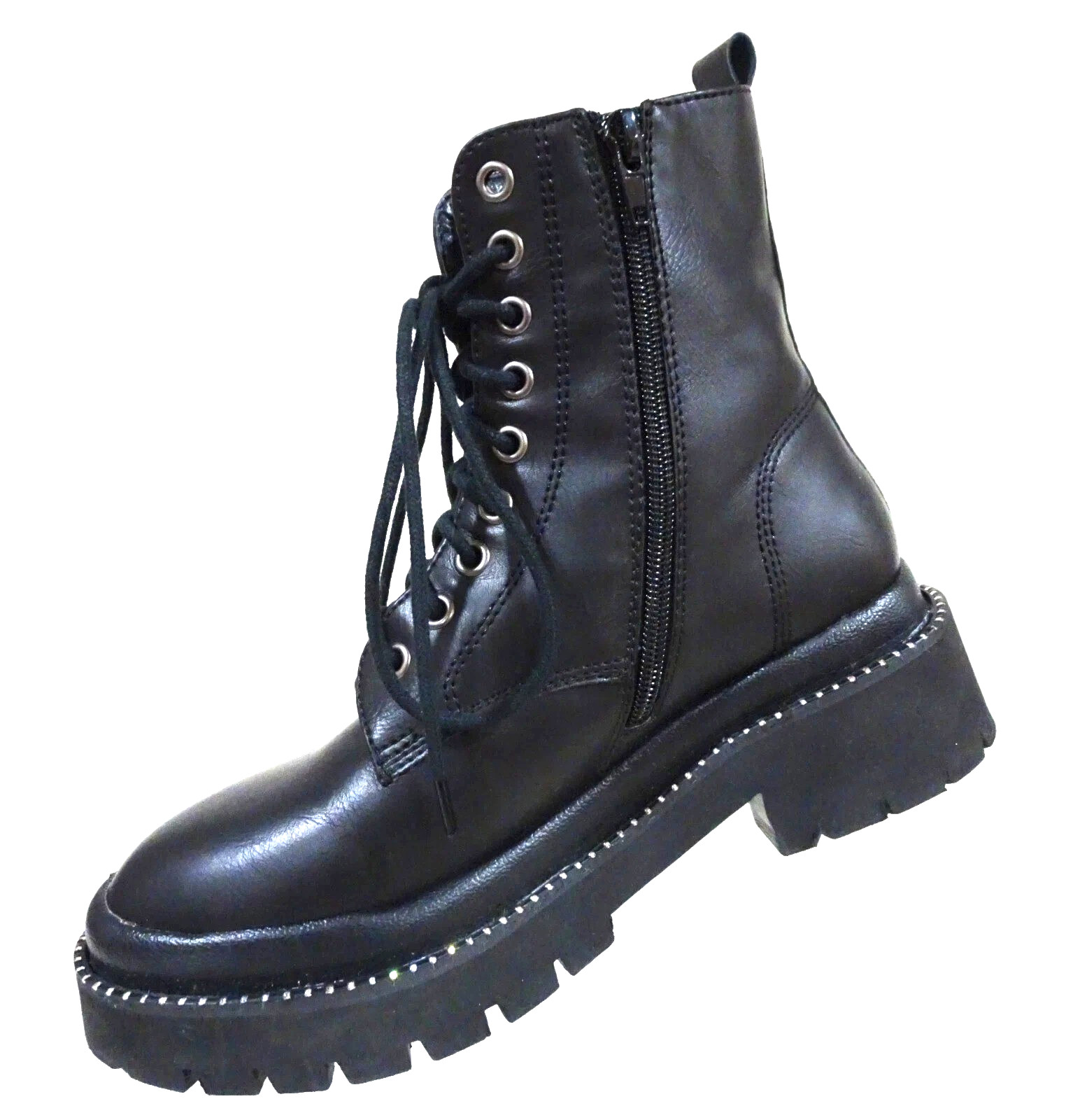 Sz 6 Rock & Candy Black Faux Leather 90s Y2K Rhinestone Platform Zip Combat Boot