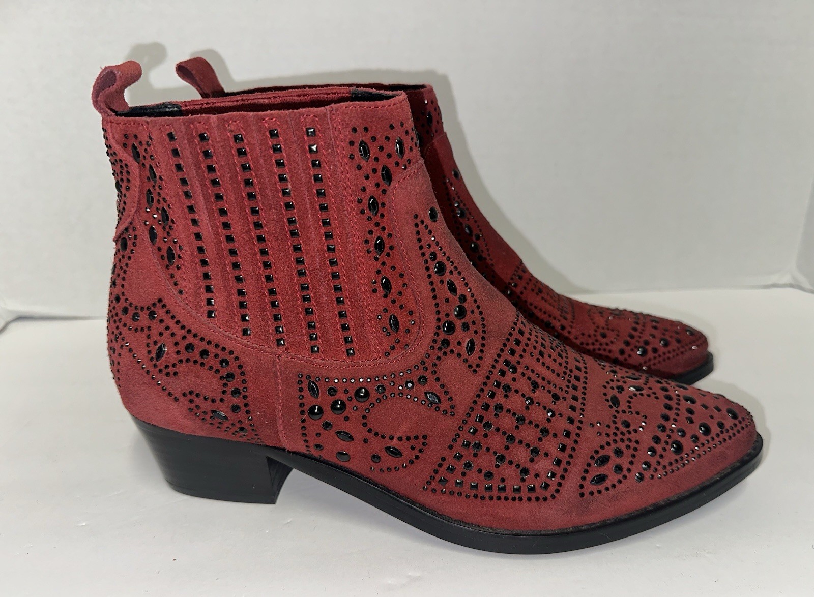 BIBI LOU Red Suede Studded Western Ankle Boots Women’s EU 41/US 10-10.5 NWOB