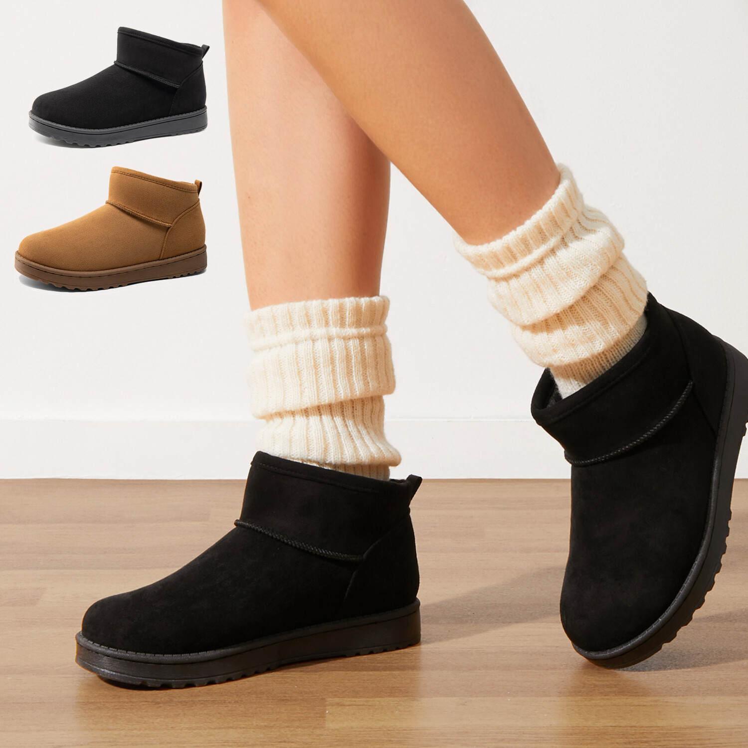 Women Winter Ankle Boots Faux Fur Lined Slip On Snow Boots Round Toe Size 6-11