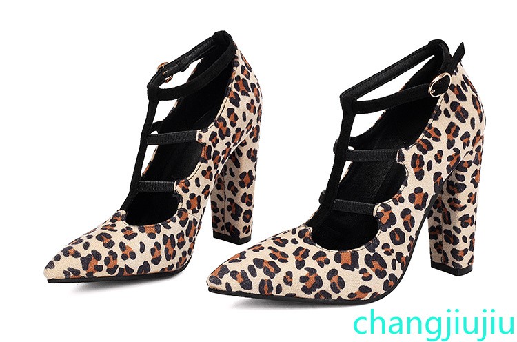 Leopard Print Solid T-Strap Pumps Women Pointed Toe Block Heel Club Formal Shoes