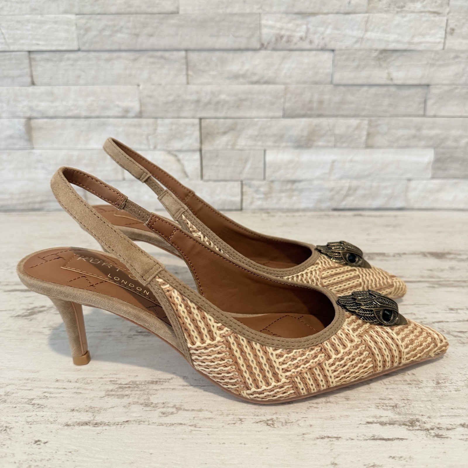 Kurt Geiger London Belgravia Slingback Raffia Woven Heels Beige Combo Size 36 EU